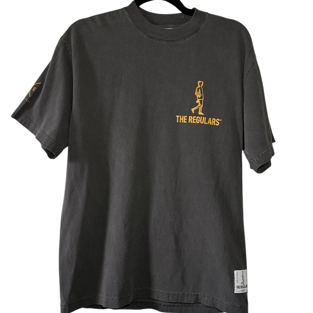 THE REGULARS Men’s Charcoal Grey Hooded Figure Front & Back Graphic Tee- Small